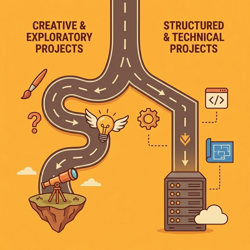 Two diverging paths representing different project types and distinct builder needs